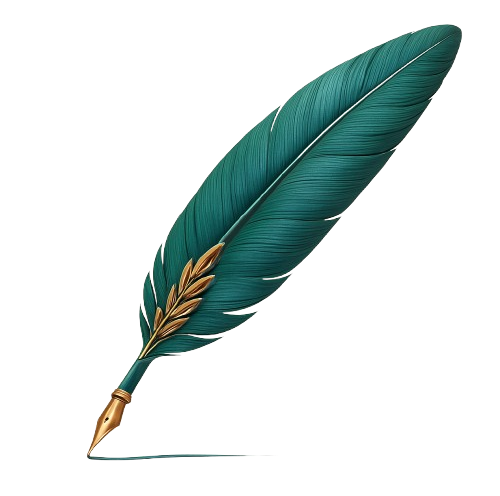 Schreibfeder Wüstenschreibtisch Eine türkise Feder mit goldenen Ornamenten im Kiel
