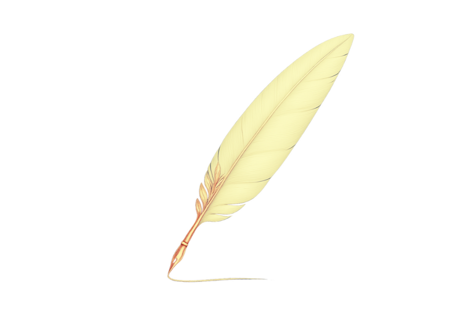 Eine zitronenfarbene Feder mit goldenen Ornamenten im Kiel